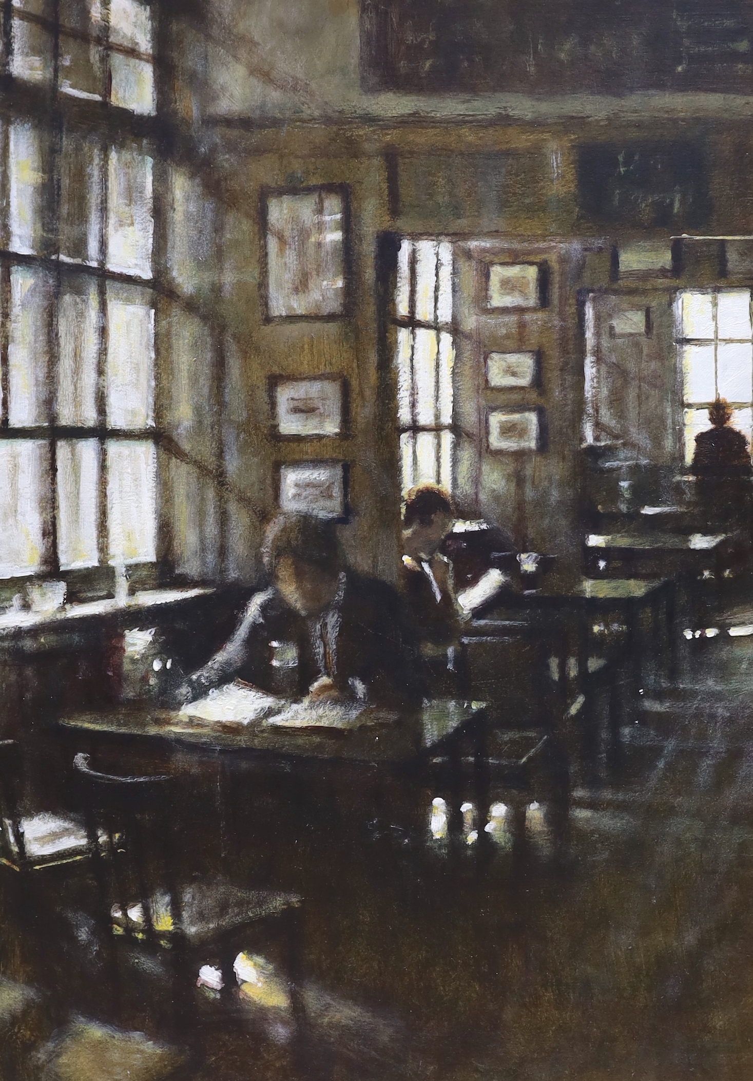 Clive McCartney (Scottish, b. 1960), three oils on board including Reading figure and The Coach and Horses, Soho, each signed and inscribed verso, largest 41 x 29cm